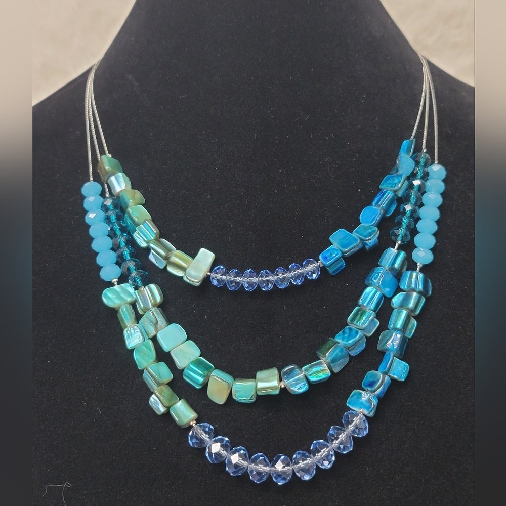Blue Glass & Shell Multi-Strand Necklace, Faceted Glass, Abalone Shell